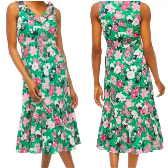 J.Crew Women's Dress Size 00 Green Floral Ruffle Sleeveless Midi Dress Spring - Picture 2 of 16